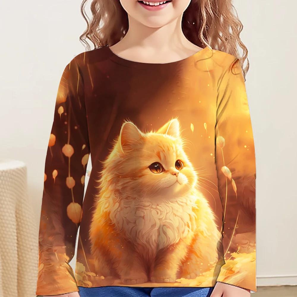 Одежда для девочек Футболка с котами Футболки с длинным рукавом Футболки с девчачьим принтом Топы Детская одежда Модная принтовая летняя одежда для девочек