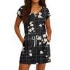 Women's Summer V-Neck Casual Short Sleeve Drawstring With Pocket Vintage Floral Dresses