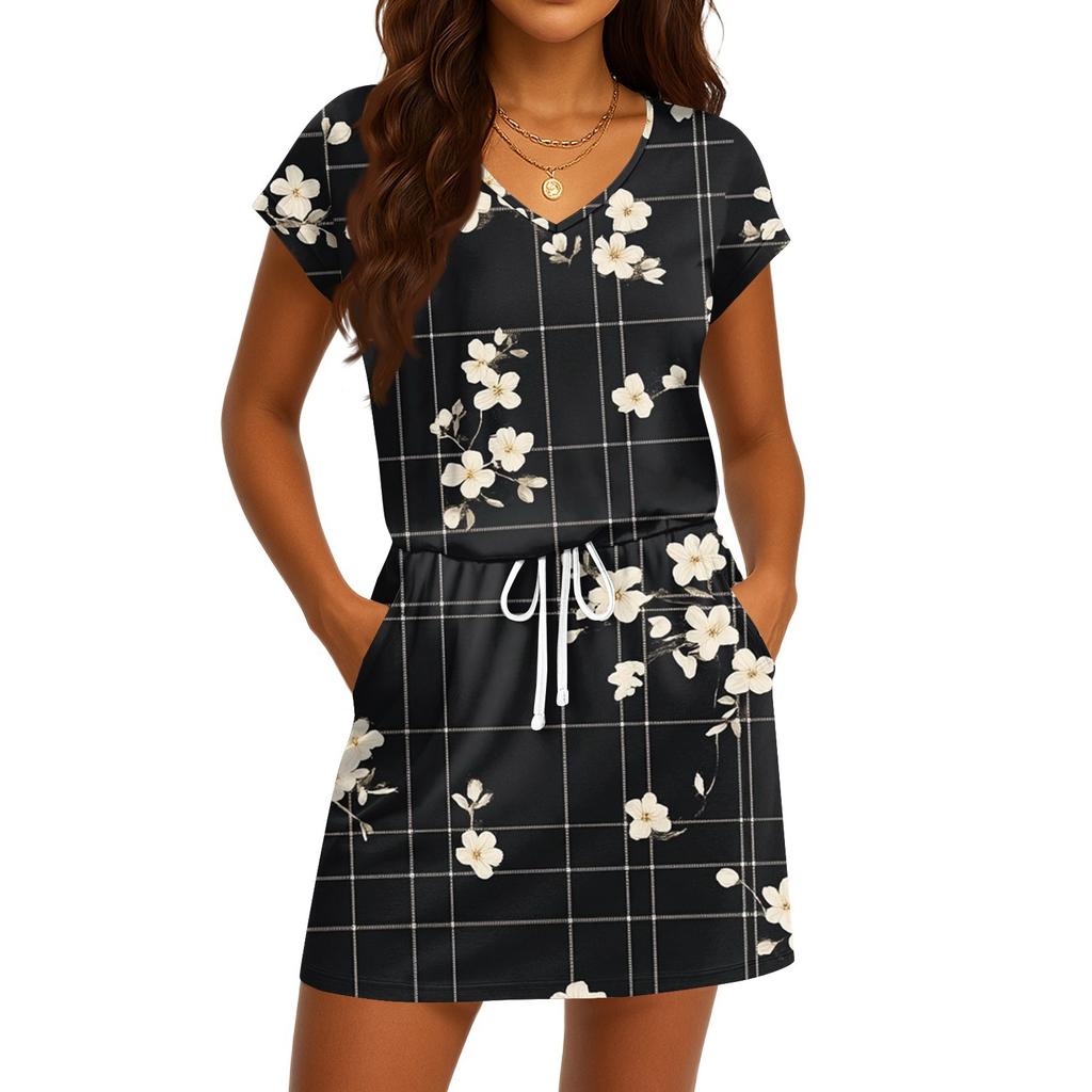 Women's Summer V-Neck Casual Short Sleeve Drawstring With Pocket Vintage Floral Dresses