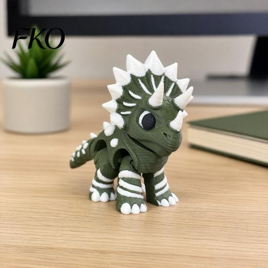 Small Dinosaur Model 3D Printed Three-Horned Figurine with Articulated Joints, Green White Desk Toy Display Cabinet Textured Spikes, Mini Collectible