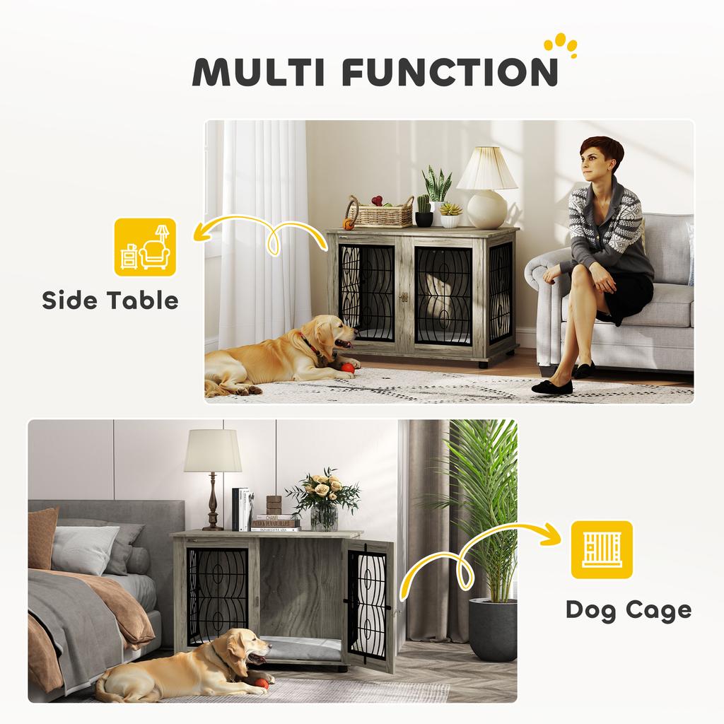Indoor Dog Crate Furniture End Table With Soft Washable Cushion Lockable Front Door For Large Dogs Grey