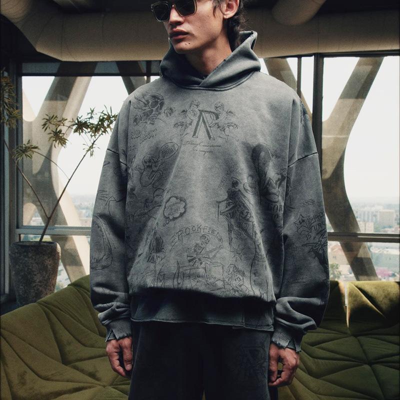 EastRogue Angelic Viper Hunter Car Print American High Street Washed and Distressed Hooded Sweatshirt for Men and Women