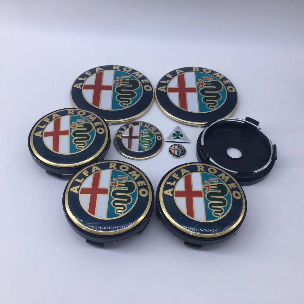 EGJCU1 1sets 9pcs For Alfa Romeo new black T60 060 60mm black caps 74mm Steering Wheel Badge Car Hood Front Emblem Giulia Stelvio Mito