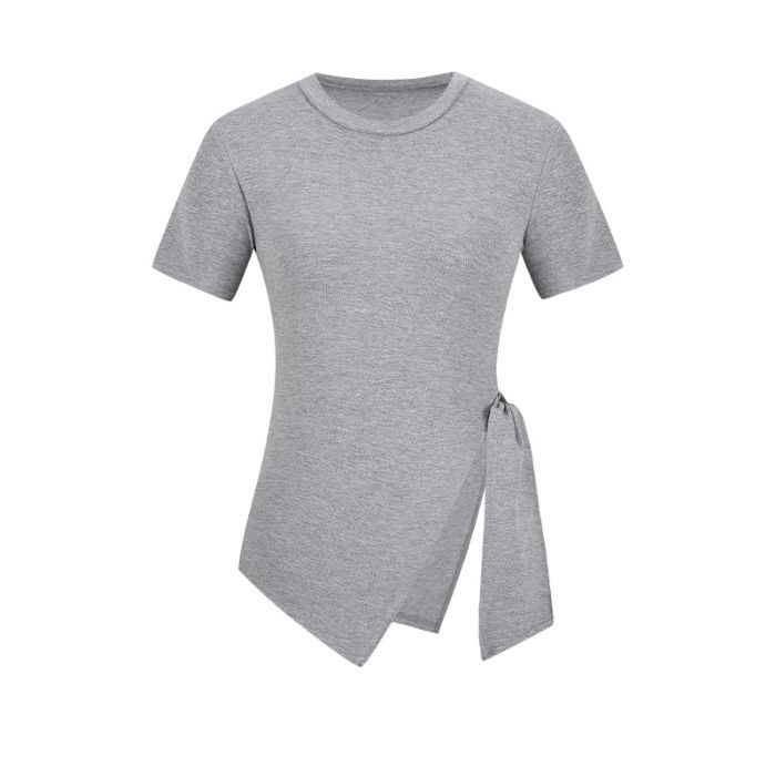 Irregular split-ended short-sleeved T-shirt women's spring new waist pinching and thin pure desire style slim-fitting Spice Girl top tide