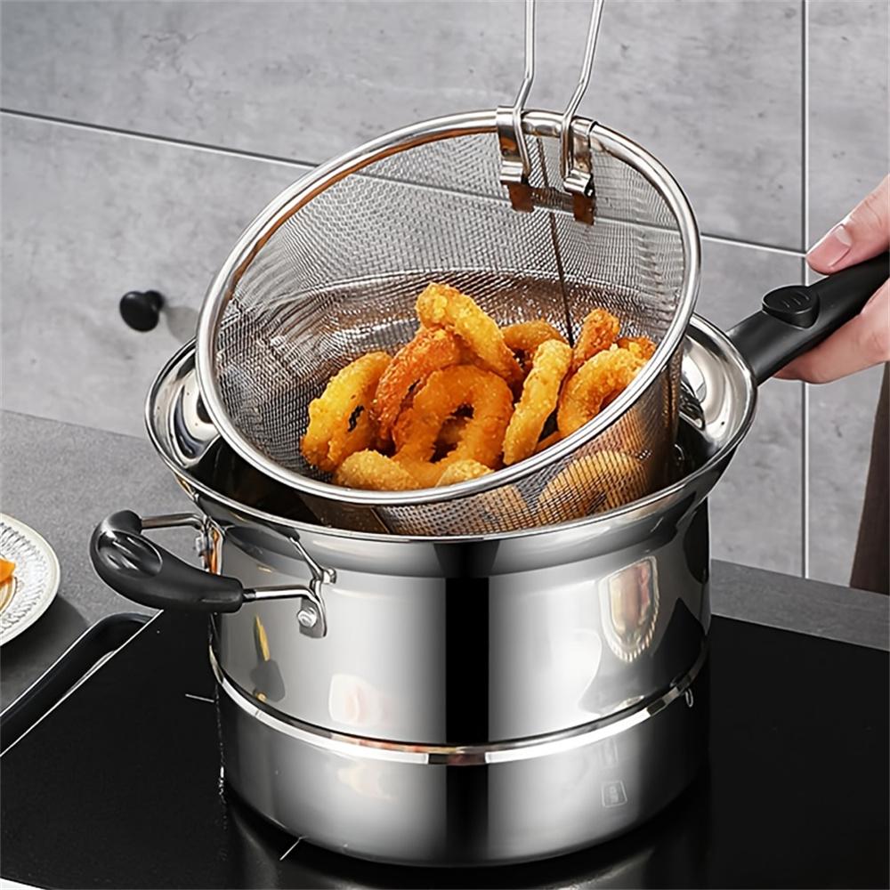 Набор посуды из нержавеющей стали 3-в-1, включающий корпус кастрюли+стеклянную крышку+корзину для фритюра, вставку-пароварку и стеклянную крышку, многофункциональный