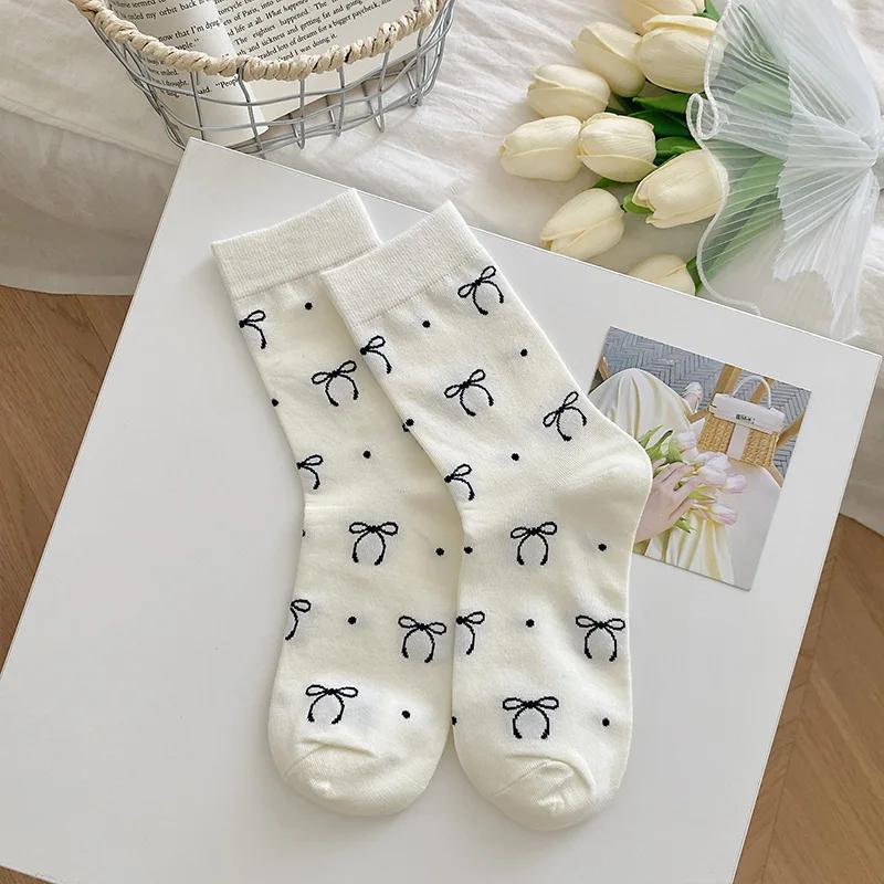 Solid Color White Socks Bow Print Ballet Style Sweet Girls Middle Tube Socks Women Japanese Style Lolita Kawaii Cute Long Socks