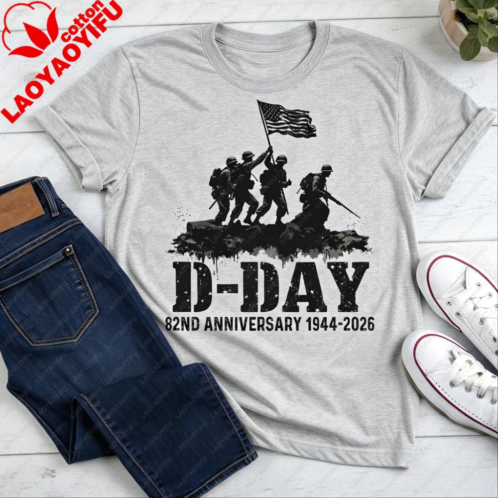Dday 82nd Anniversary 19442026 Tshirt Military Commemorative Tee Soldier Silhouette American Flag Print Patriotic Casual Tee