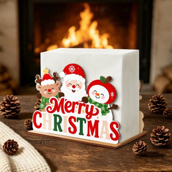 Gingerbread House Napkin Rack Christmas Wooden Tissue Holder, Dispenser with Santa Elk Decorative Stand Pattern, Organizer for Dining Table