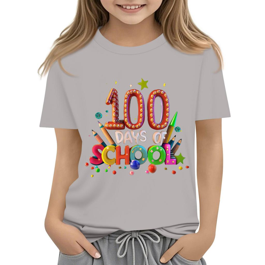 Happy 100th Day Of School Girls Boys Short Sleeve T Shirts Kids Tops Crewneck Tees