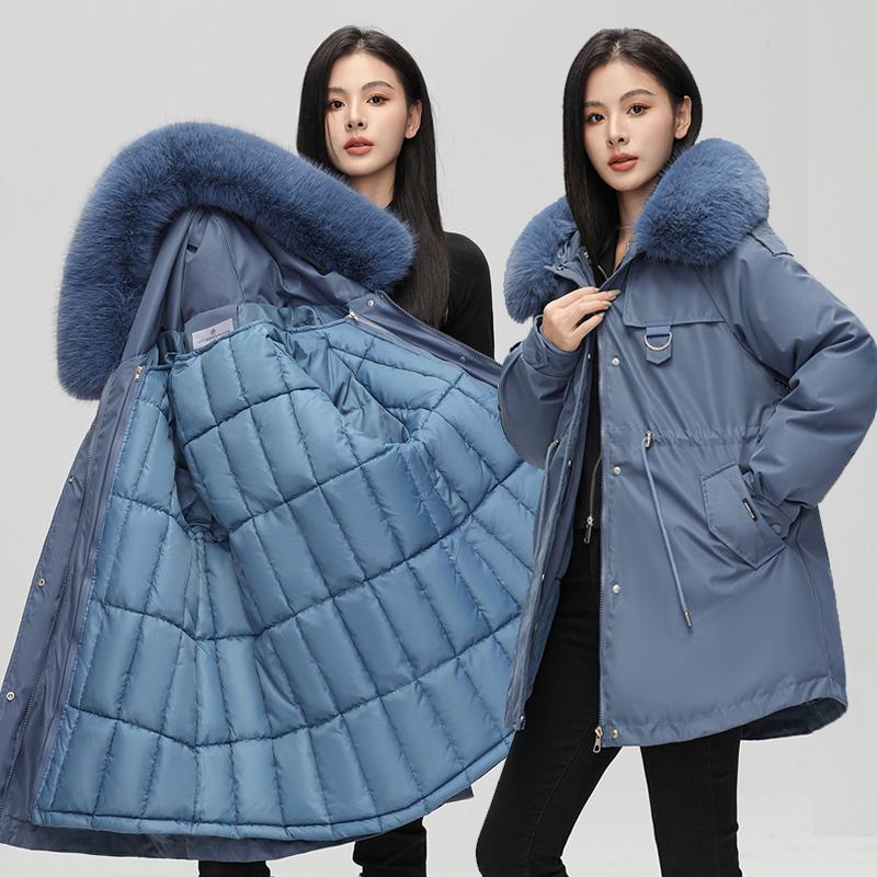 Autumn Winter Thicken Warm Detachable Parka Women Casual Fur Collar Solid Color Big Pocket Loose Hooded Coat Jackets Three-way Wear Outwear
