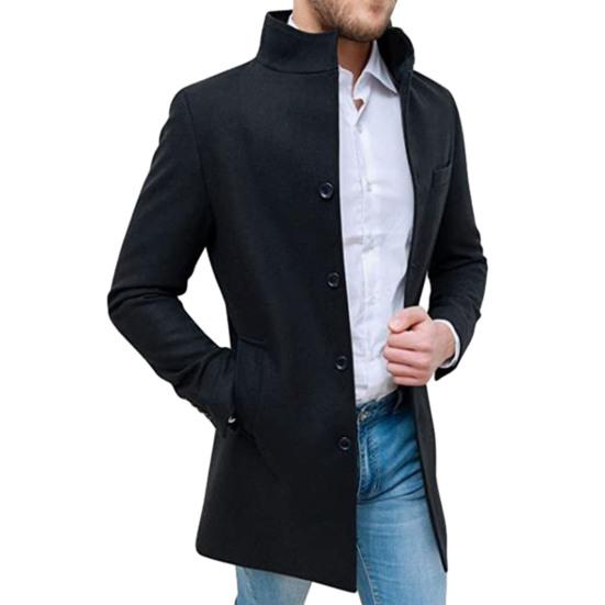 Мужское шерстяное пальто с воротником-стойкой и длинными рукавами, однобортные карманы, повседневная ветровка средней длины, верхняя одежда