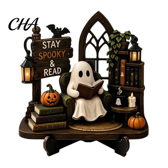 Cute Ghost Figurine Halloween Reading Figurine, Wooden Desktop Ornaments, Vintage Handmade Seasonal Ornaments Statue with Stand for Home Tabletop