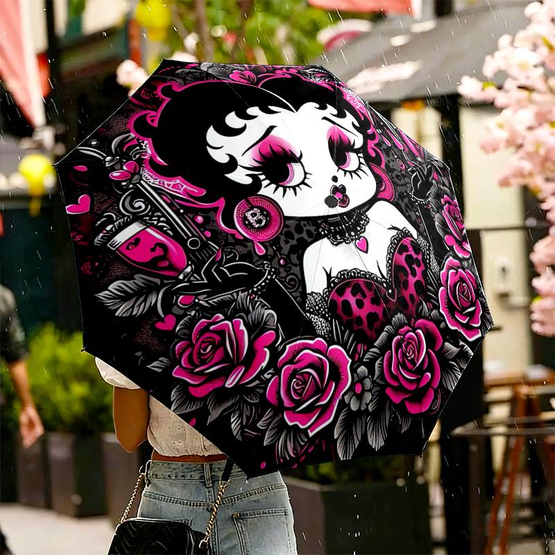 1pc Sturdy 8-Bone Auto Umbrella, Betty Boop Umbrella, Digital Printed, Foldable Umbrella for On-the-Go Outdoor Use