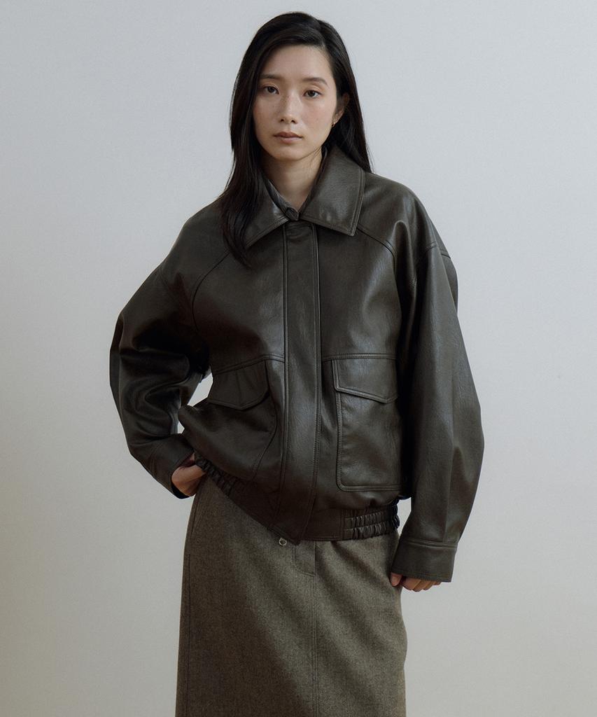 LINGSEOUL Out Pocket Leather Blouson-Brown