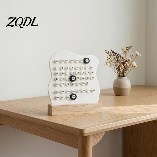 Perpetual Calendar Block with Date Marker, Reusable Desktop Wood DIY Assembly Desk Ornament Base, Ring A Daily Planner for Office Home Decoration