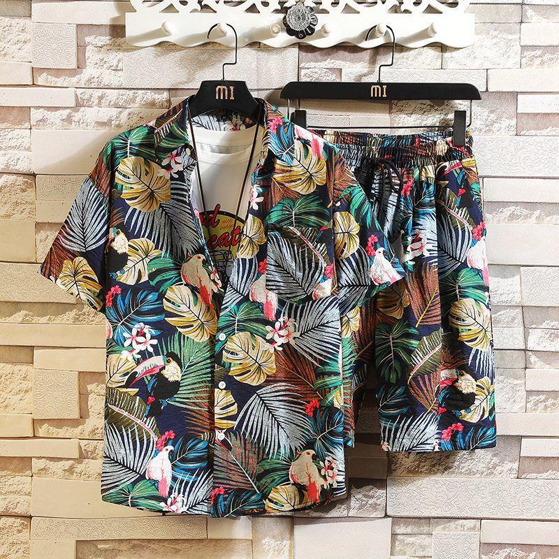 Мужской быстросохнущий летний комплект из шелковой цветочной рубашки и шорт - модный пляжный наряд из двух предметов для пары