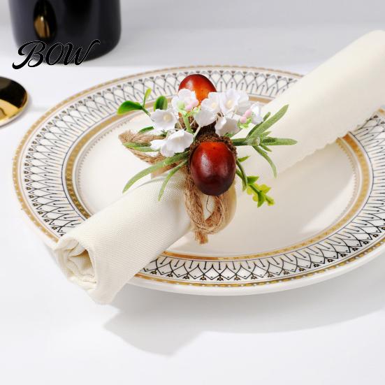 Rustic Dining Decorations Artificial Rosemary Napkin Ring, Wooden Ring Holder with Faux Acorns Autumn Rings Flowers, for Farmhouse Thanksgiving