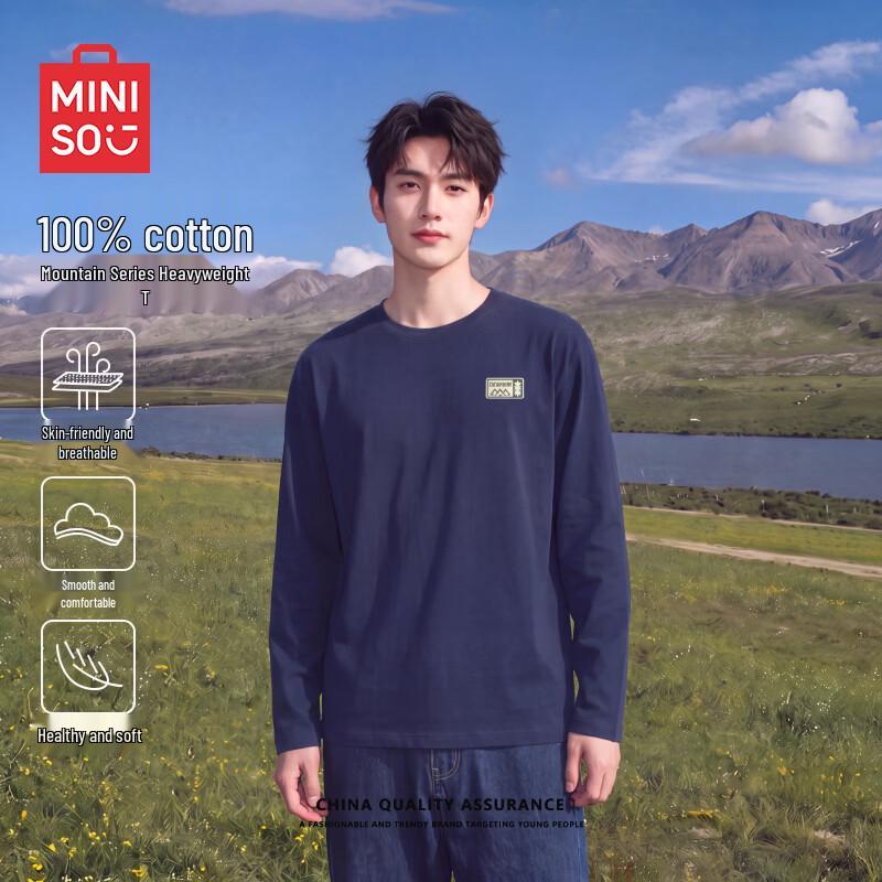 MINISO Мужская футболка с длинным рукавом из тяжелого чистого хлопка