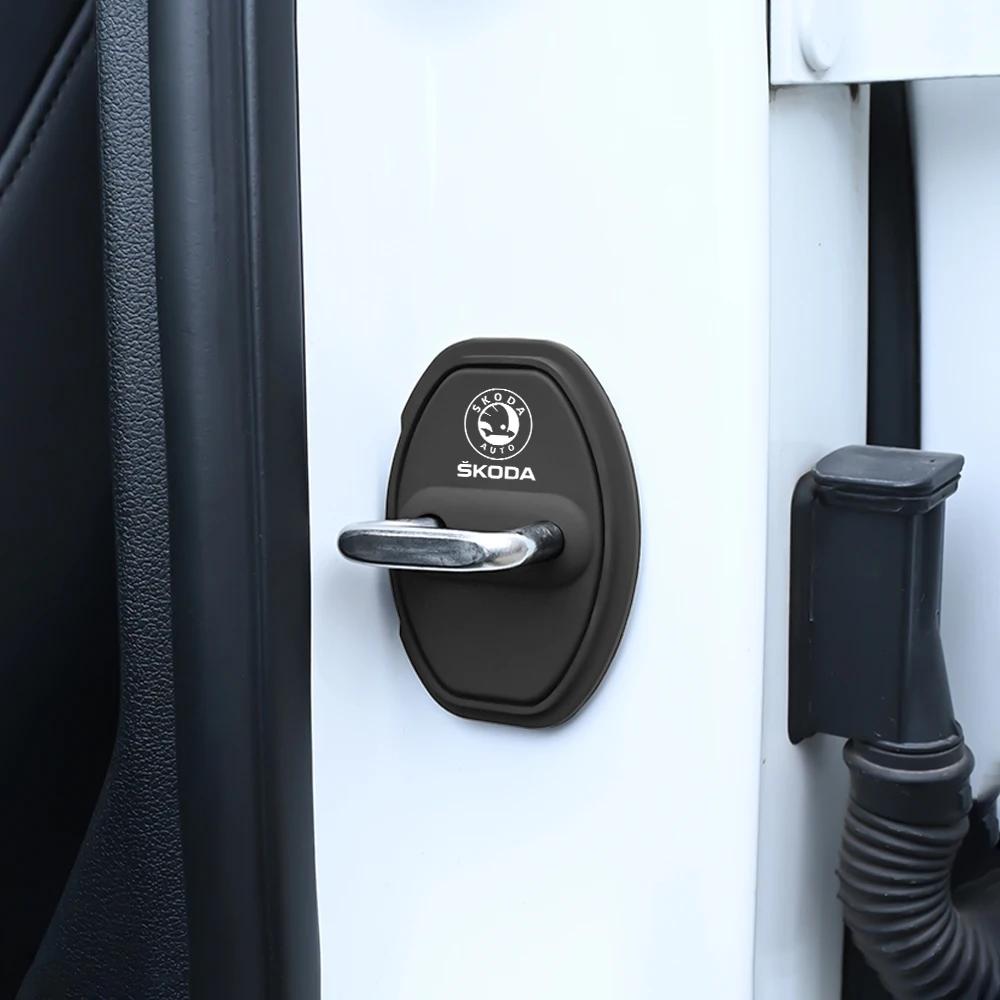FMO3 4pcs Silicone Car Door Lock Cover Interior Accessorie for Skoda Rapid Fabia Octavia Roomster Yeti Superb Kodiaq Kamiq Citigo VRS