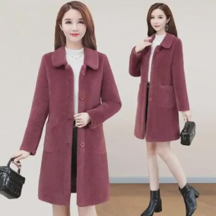 Imitation Lambskin Mid-Length Winter Coat for Women, 2022 Korean Style, Large Sizes Available