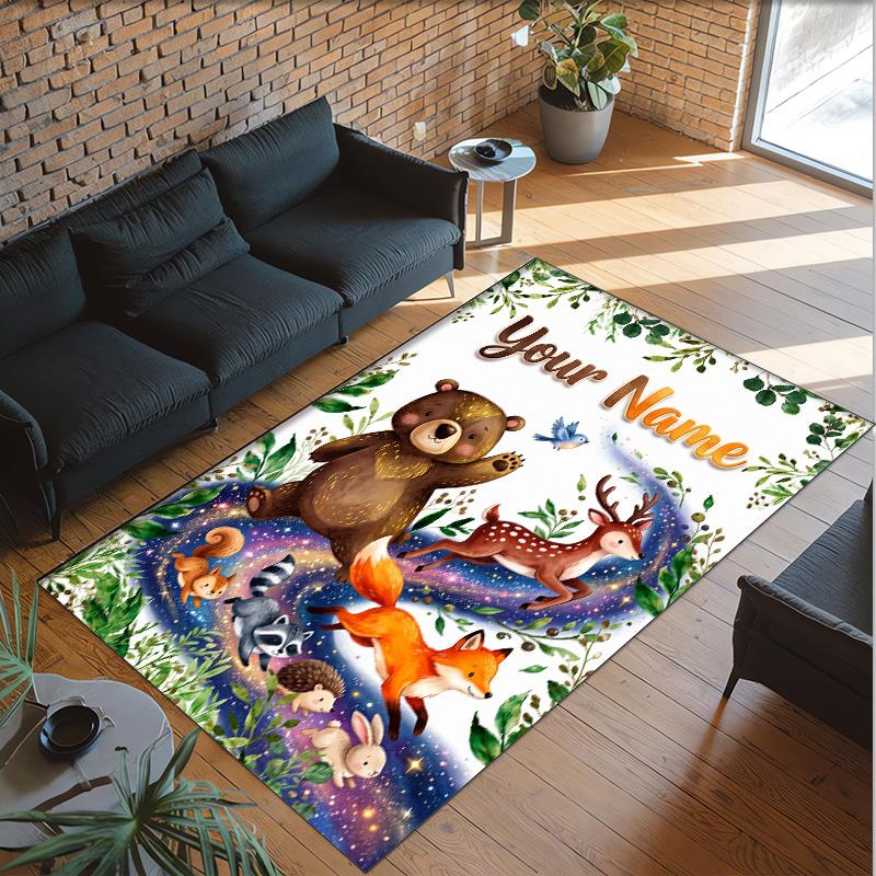Forest Nature Theme Crystal Velvet Rug Personalized Custom Name Text Soft Floor Mat Home Decor