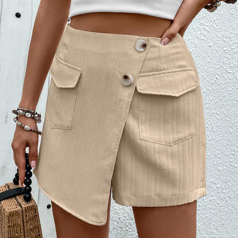 2025 Лето Женские Тонкие Короткие Секции С Высокой Талией Карманы Однотонный Материал Легкий Асимметричный Дизайн Кюлоты