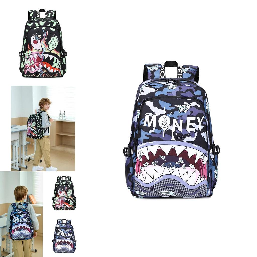 Kids Waterproof Nylon Backpack With Shark Print For Elementary School Use And Daily Carry