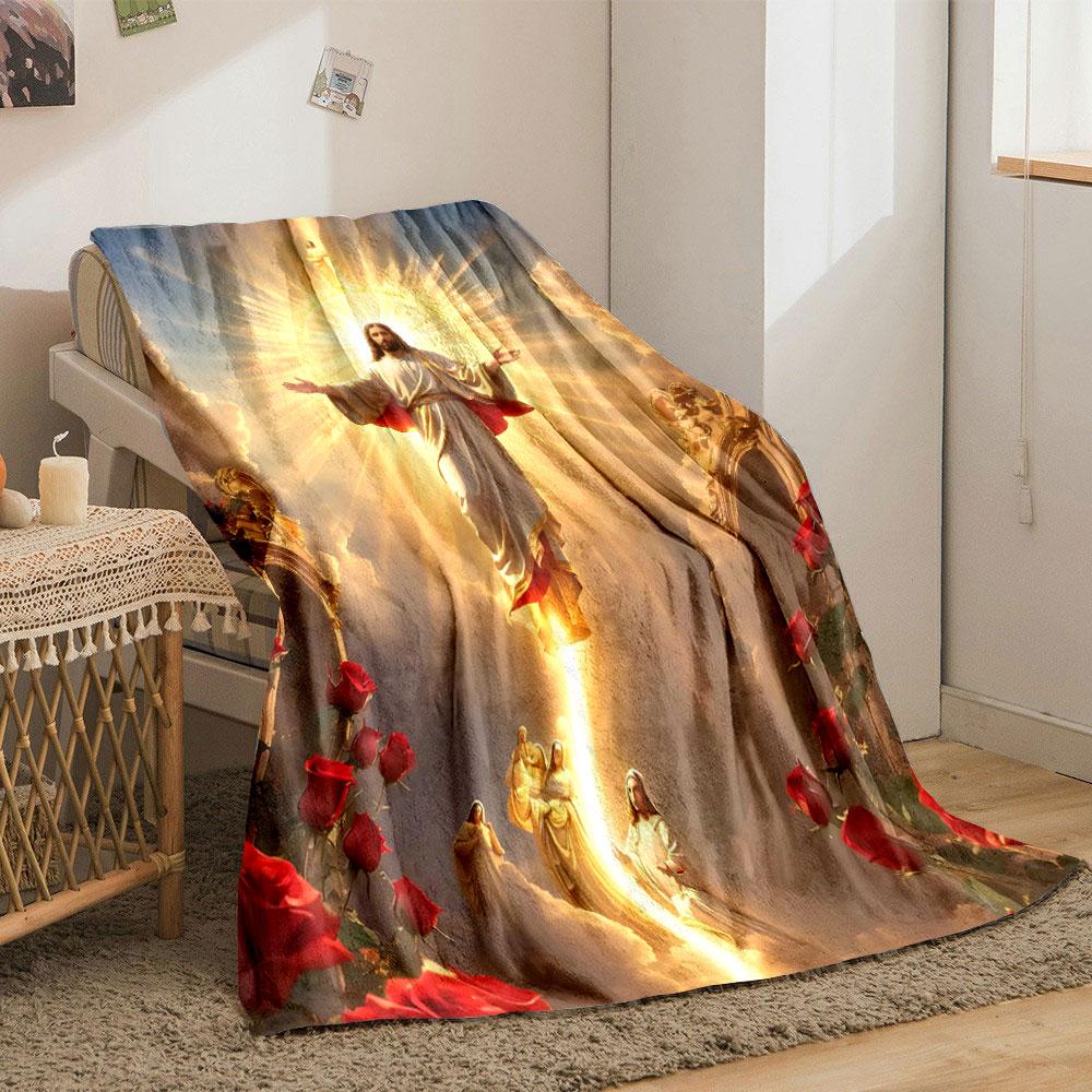A radiant figure ascends with light beams, surrounded by roses and clouds. for all seasons blanket lunch break throw gift