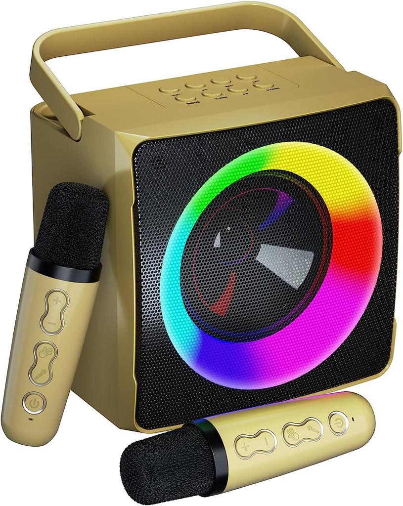 Караоке-машина, портативный динамик Bluetooth, светодиодная лампа для вечеринок с 2 беспроводными микрофонами для караоке — подарок на день рождения, семья, вечеринка, встреча, поддержка USB.