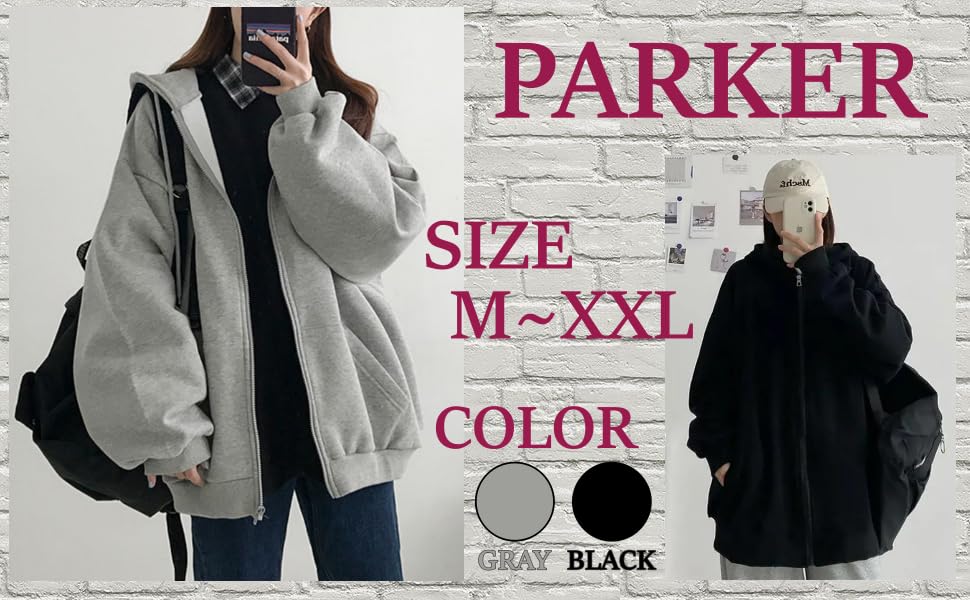 Ририка Базовый Повседневный Крой Размер Женский Худи на Молнии, Оверсайз, На Флисовой Подкладке, Серо-Черный, (Черный, М)