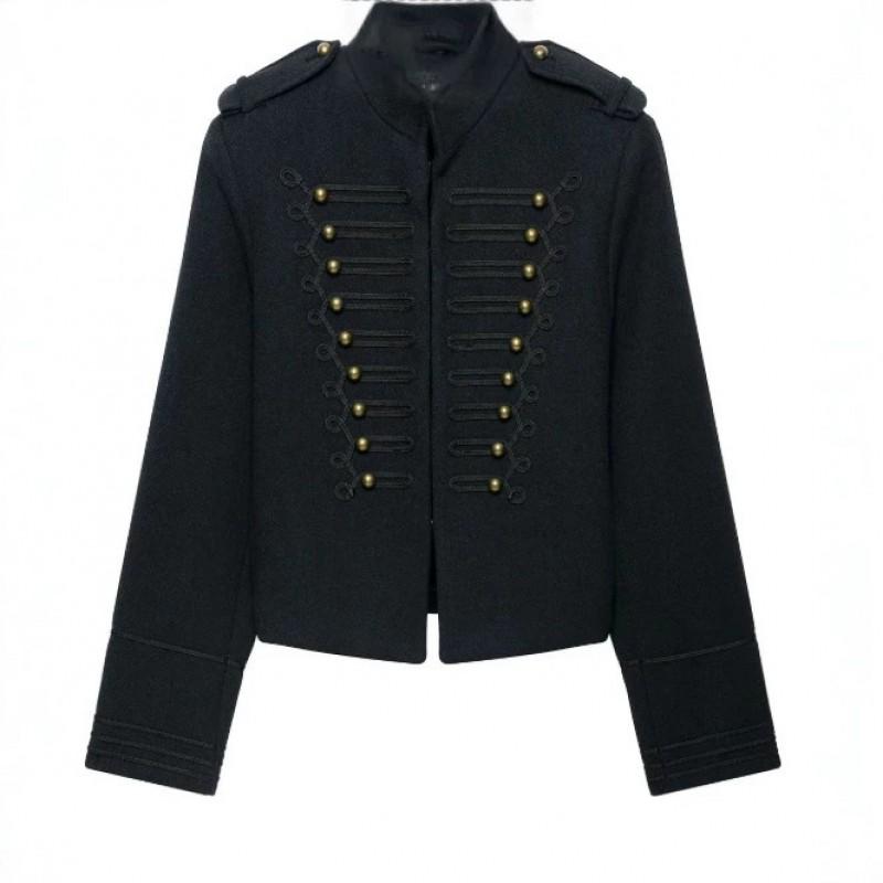 Womens French Fashion Casual Trendy Short Jacket With Knot Buttons Solid Color Turn-down Collar Zipper