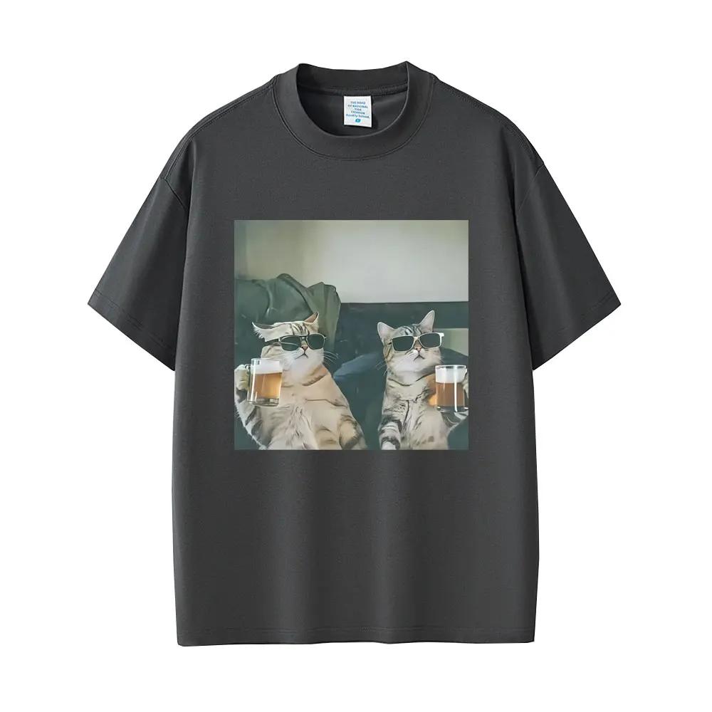 Cool Cat Drinking Beer Funny Emoji T-shirt Men's Casual Cotton Retro Short-sleeved T-shirt Men's Fashion Round Neck T-shirt Tops