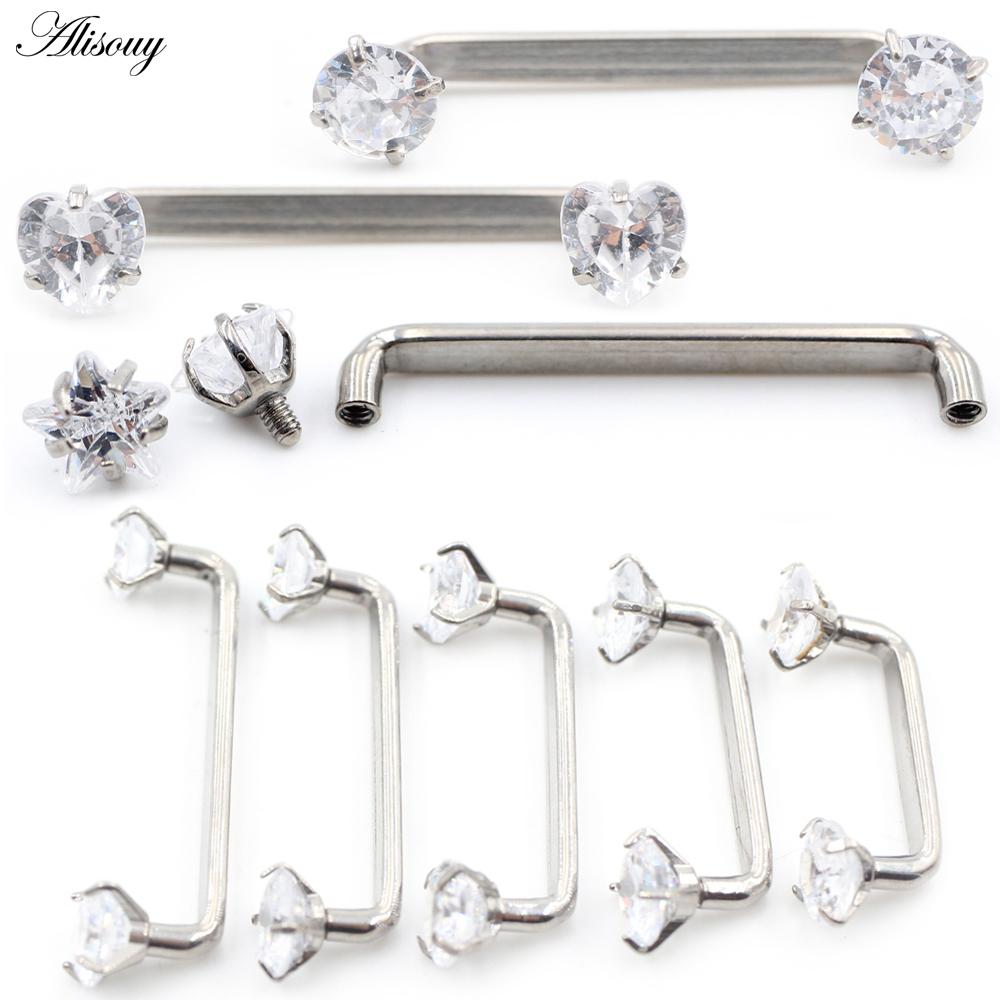 Alisouy 1PC Titanium Heart Star Zircon Threaded Surface Bar Barbell Micro Dermal Anchor Retainers Hide In Skin Piercing Jewelry