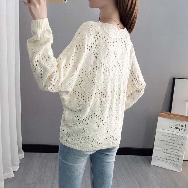 Hollow Knit Sweater Thin Women's Loose Pullover Sweet Outer Bottomed Blouse College Girl Style Hand Knitting