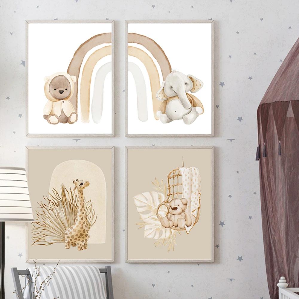 Монстера Медведь Слон Жираф Радуга Настенное Искусство Скандинавские Плакаты Картины На Холсте И Принты Детские Настенные Картины Декор Детской Комнаты