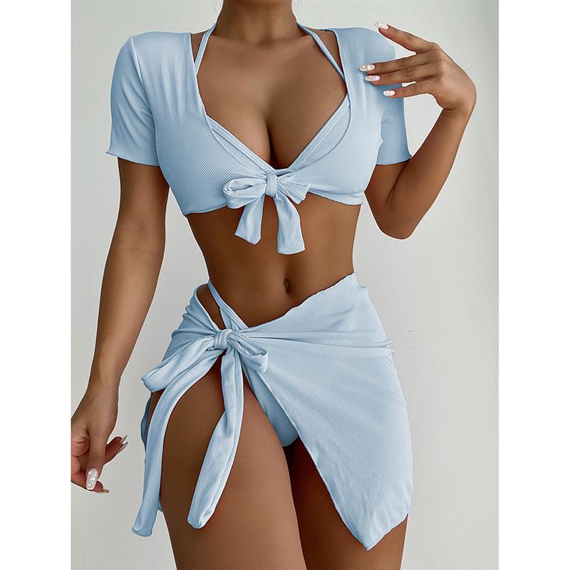 Solid Color Swimsuit Women 4-Piece Bikini Sexy Beach Skirt Bathing Suit Short Sleeve Swimwear High Waist Summer Beachwear
