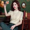Новая модная летняя шифоновая блузка в китайском стиле с коротким рукавом и воротником-стойкой, вышитая бисером, женская рубашка J375