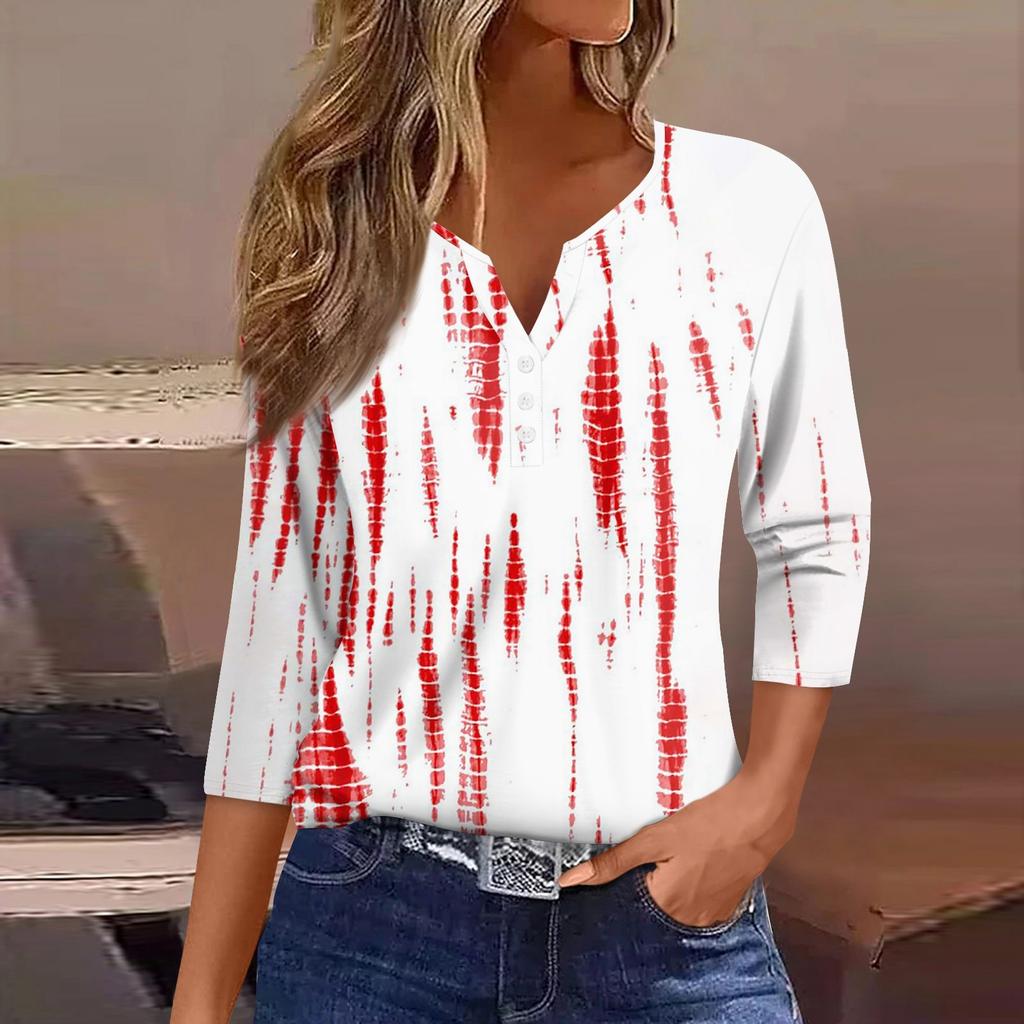 Жен. Футболка С принтом Пуговицы Рукав 3/4 Повседневные Выходные Мода Классический V-образный вырез Обычный Верх