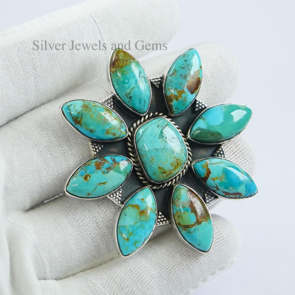 Handmade Kingman Turquoise Cluster Ring, 925 Sterling Silver Statement Ring