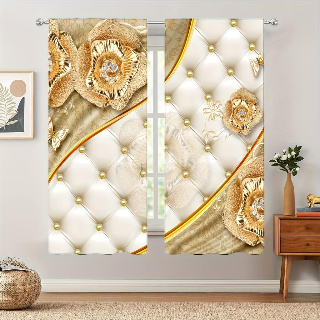 2pcs European Golden Retro Elements Curtain Decorative Window Drape Window Treatments For Bedroom Living Room Home Decor