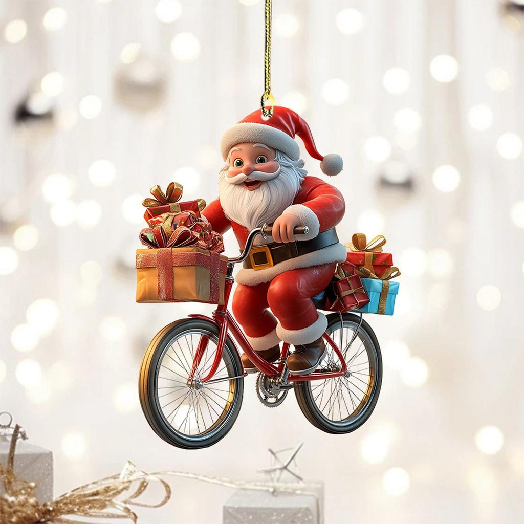 Christmas Ornament 2D Santa Riding Bike Festive Holiday Christmas Tree Hanging 2D Flat Santa Decor Collectible Christmas Gift