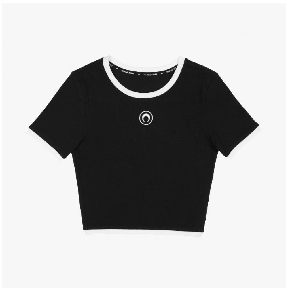 Marincer Wto087a Cjer0011 Bk99 Moon Logo Embroidery ContraSt Crop Women S Short Sleeve Tee