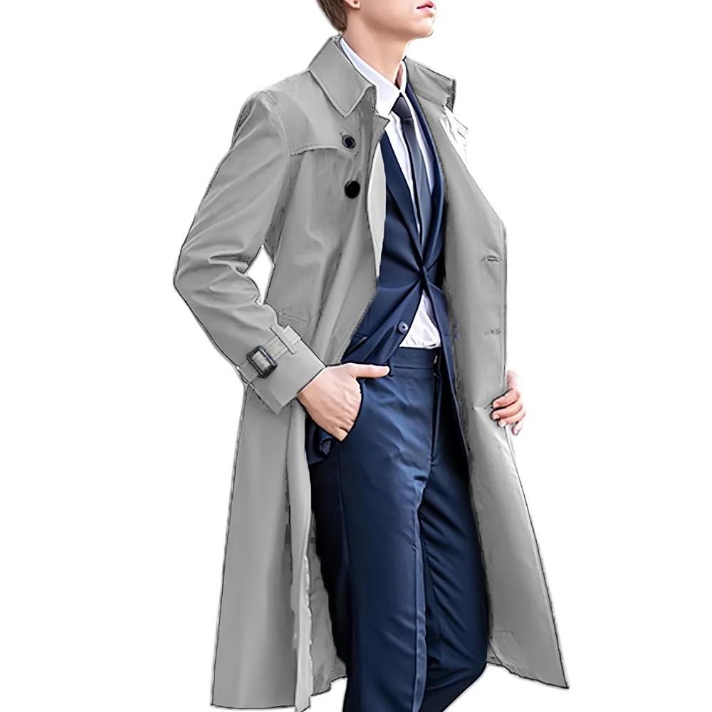 Весенне-осенний длинный тренч для мужчин в английском стиле, элегантный повседневный двубортный плащ с отложным воротником, мужская ветровка.