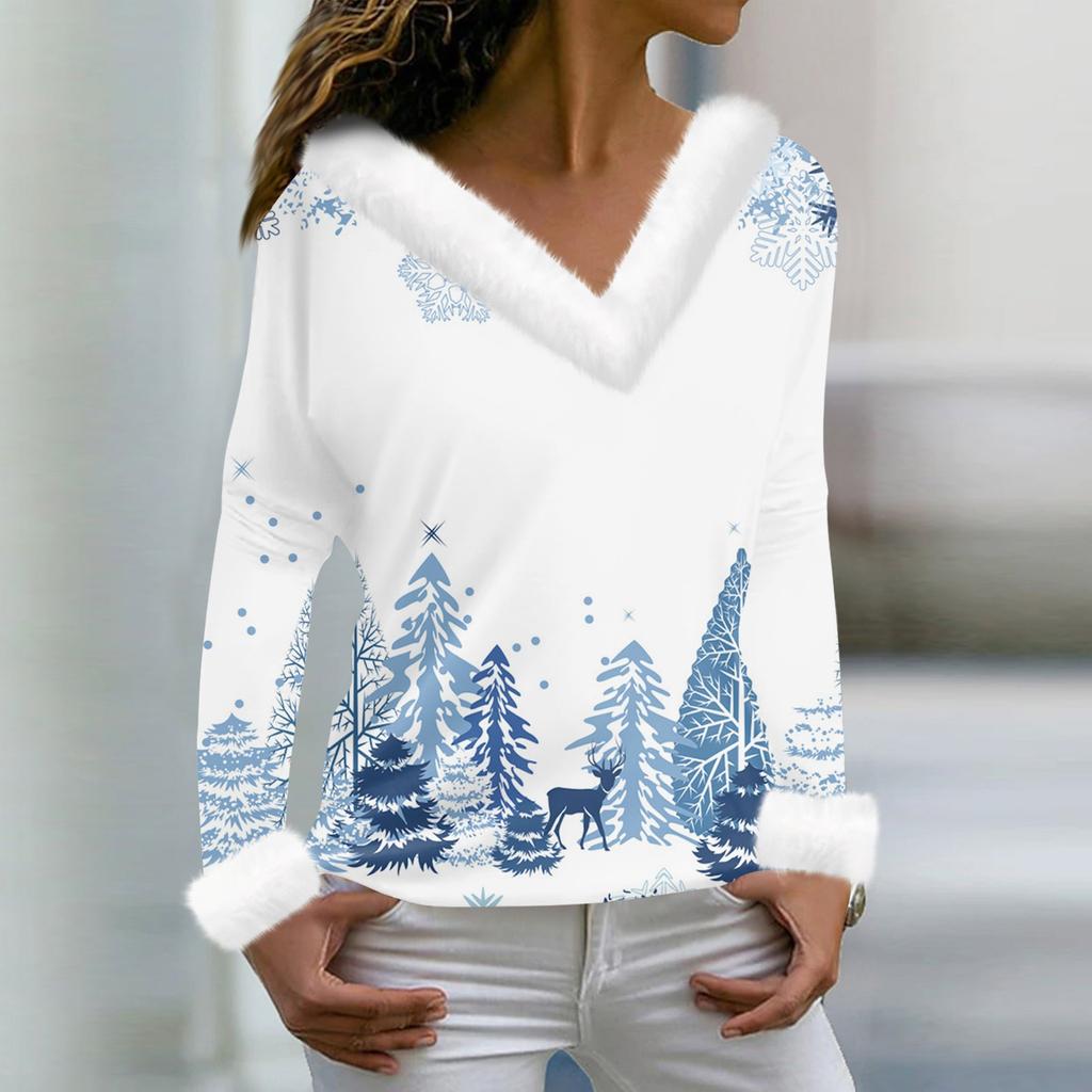 Женская мода повседневная плюшевая кофта с длинным рукавом и V-образным вырезом с рождественским принтом