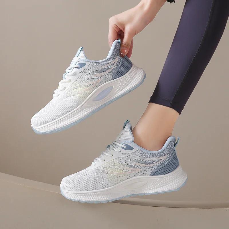 Fashion Spring Women New Mesh Lightweight Sports Breath Lace Up Fitness Comfortable Thick Soled Casual Running Shoes Tenis Masculino