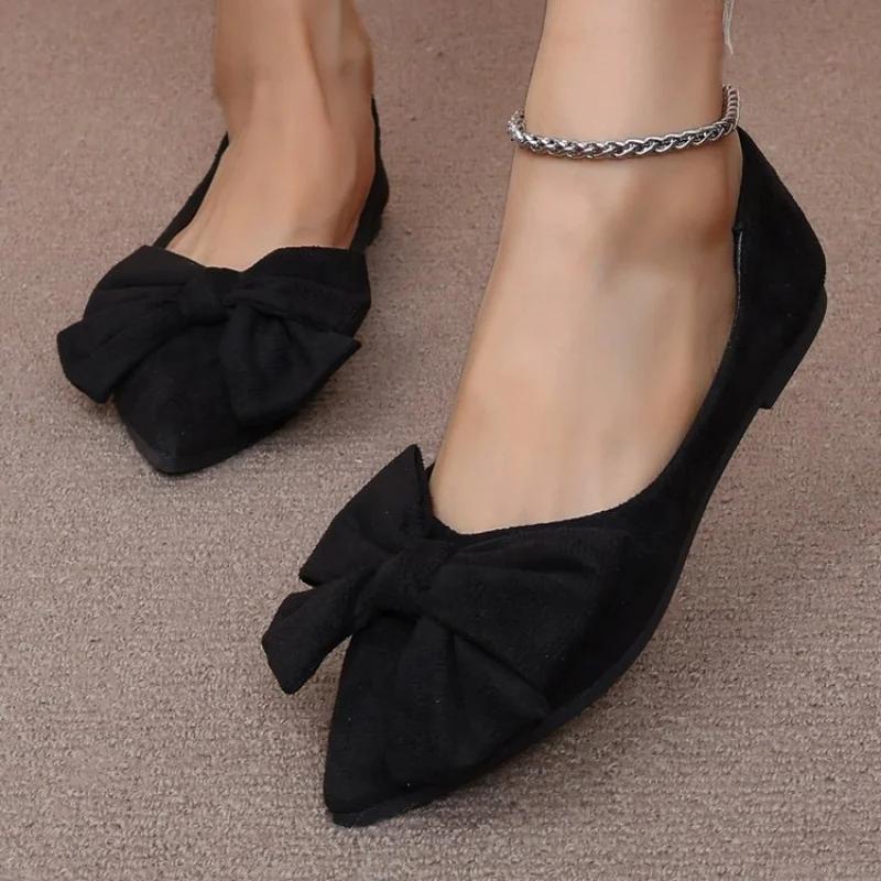 Fashion Women Flats Bow Pointed Toe Shoes Female Suede Walking Dress Shoes 2024 Spring Fashion Casual Sandals Shallow Zapatillas Mujer