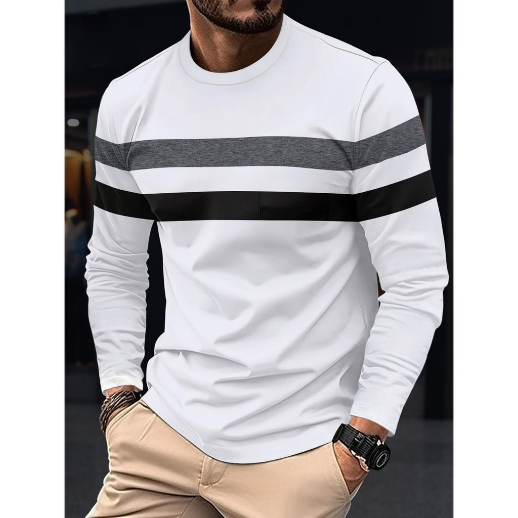 Autumn and Winter Plus Size Round Neck Long Sleeved Color Blocked Base Shirt Pullover Men's T-shirts