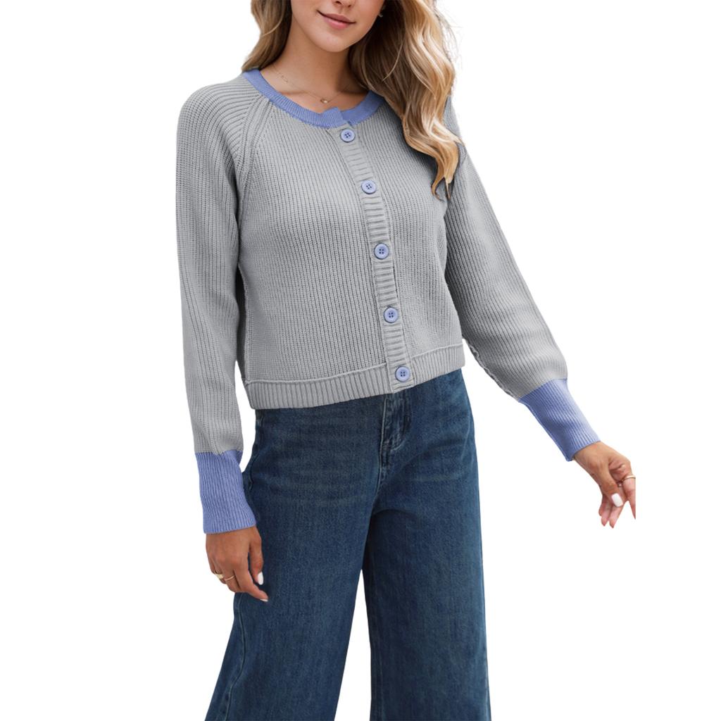 Autumn and Winter Sweater Women's Knitwear Fashion Round Neck Single Row of Buttons Colour Collision Knitted Cardigan Jacket
