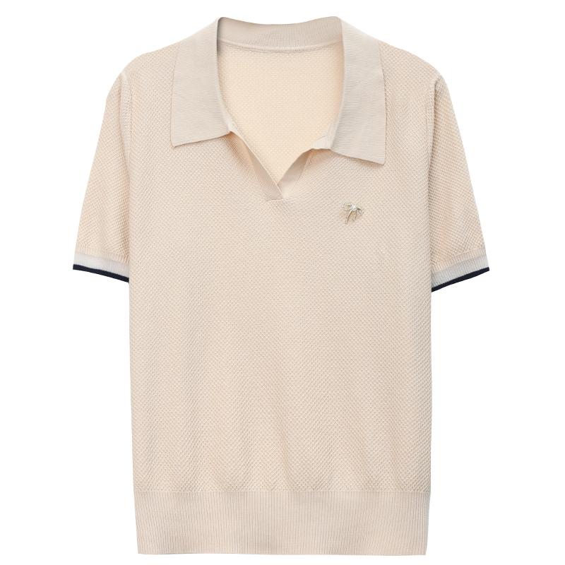 POLO воротник короткий рукав ледяной шелковый трикотажный свитер для женщин тонкая футболка топ летний наряд стильные футболки для мам