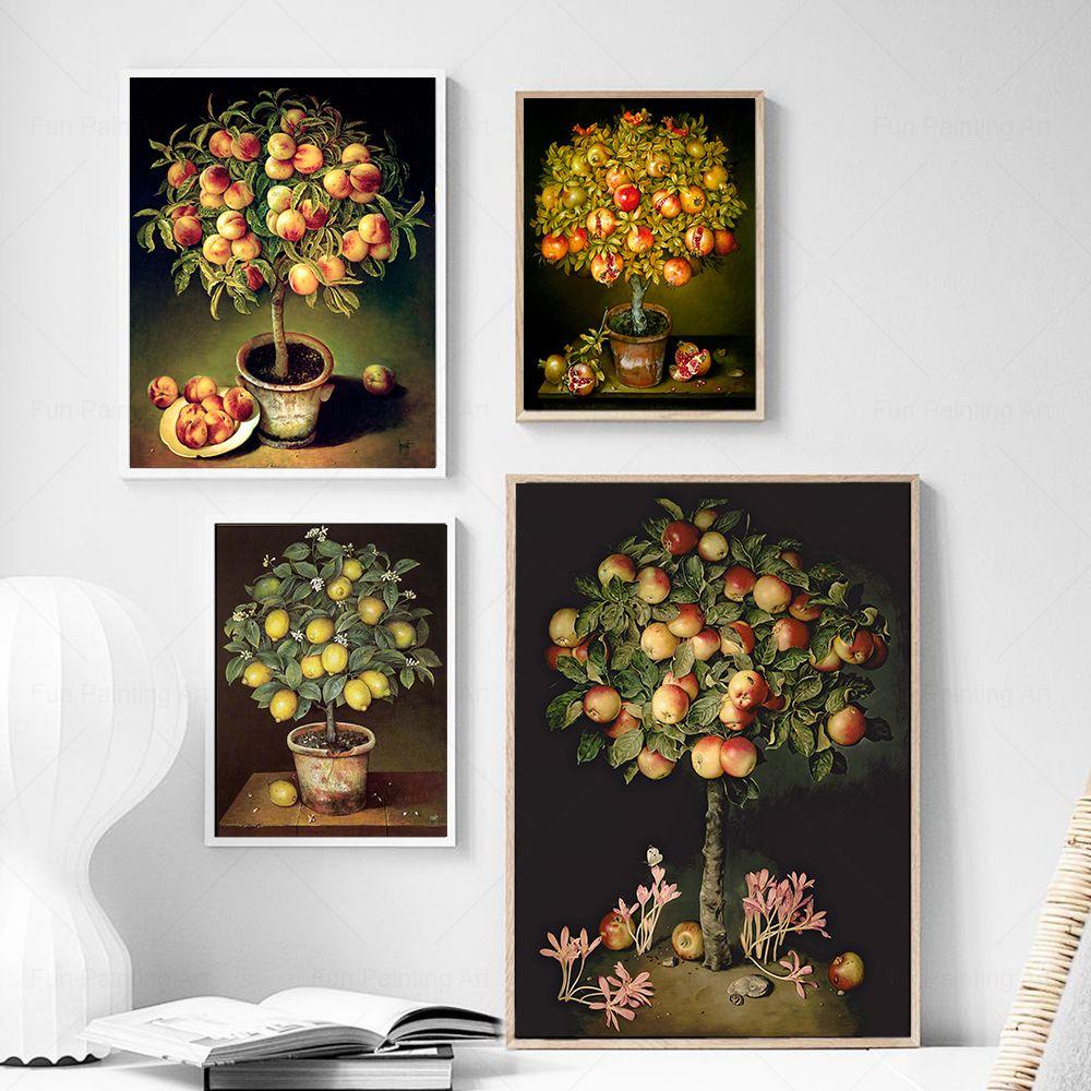 Винтажное фруктовое дерево, натюрморт, холст, картина, персик, гранат, яблоко, лимон, апельсин, принты, постеры, настенная картина, декор для кухни